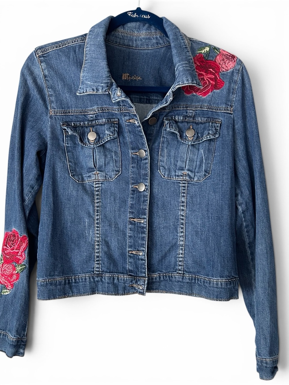 Kut from the Kloth Rose Embroidered Denim Jacket Size Large